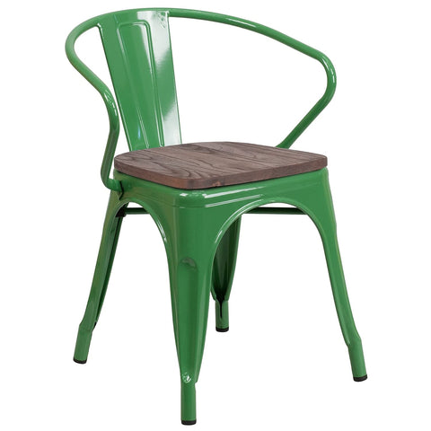 Flash Furniture Green Metal Chair with Wood Seat and Arms