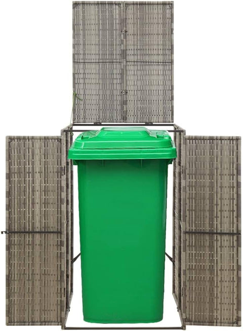 vidaXL Poly Rattan Single Wheelie Bin Shed, Sturdy Powder-Coated Steel Frame, Accessible Lid and Lockable Doors, Ideal Garden Garbage Management Solution