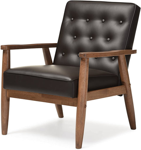Oakestry Leather Tufted Reception Brown armchairs Living Room Chairs mid-Century Lounge Wood Frame Accent Chair for bedrooms, Reading Chair for Study