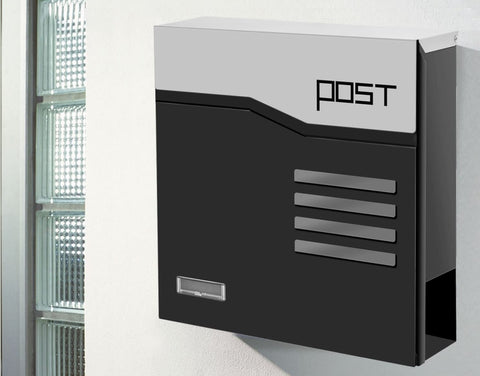 Outdoor Wall Mounted Lockable Steel Mailbox in White/Black, Large Secured Hanging Drop Box with Newspaper Holder Design, MD24 Model - 4.3" D x 14.3" W x 14.3" H