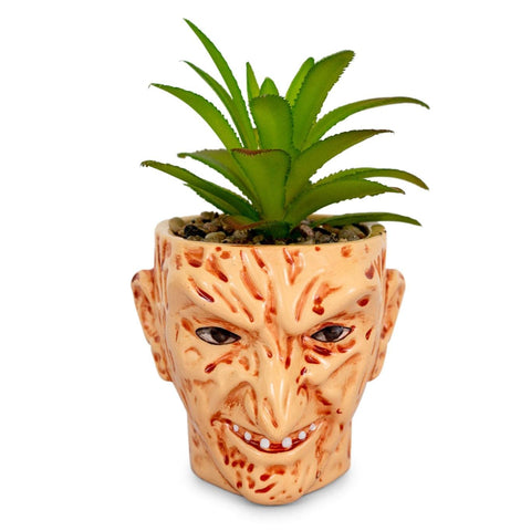 A Nightmare On Elm Street Freddy Krueger 3-Inch Ceramic Mini Planter With Artificial Succulent | Small Flower Pot, Faux Indoor Plant For Desk Shelf | Home Decor Trinket Tray | Horror Movie Collectible