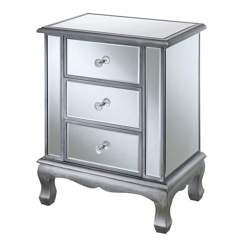Convenience Concepts Gold Coast Vineyard Mirrored End Table 19" - Living Room Table with 3 Drawers for Storage, Side Table Side Table, Antique Silver/Mirror