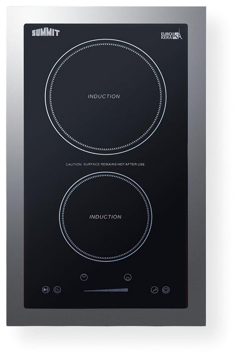 Summit Appliance 13" Wide 115V 2-Zone Induction Cooktop; Pre-Installed 115V NEMA 5-15P 3-Pronged Cord; Child Lock; Black Glass Ceramic Surface; 1800W Operation; Automatic Shutoff; Timer Function