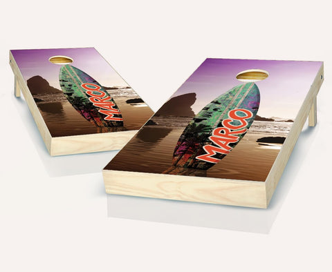Skip's Garage Surfboard Sunset Cornhole Set - 2x4 Boards (All Weather Bags) - Include Case + Hole Lights