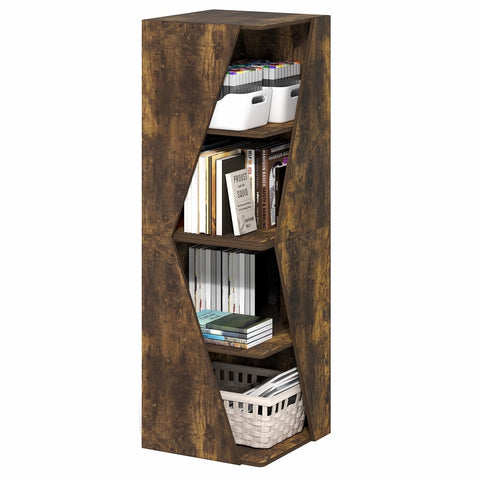 Furinno ECON Book Shelf, Stackable 2-in-1 Bookshelf, 4-Tier Corner Bookcase with Display Shelf, 16.1" x 16.1" x 49.1", for Living Room, Bedroom, Home Office, Amber Pine