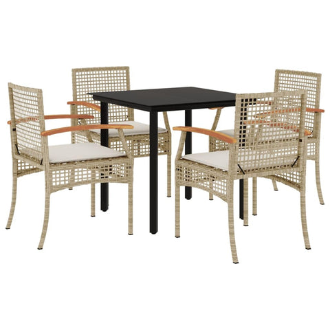 vidaXL Patio Dining Set with Cushions - 5 Piece Beige Poly Rattan Garden Furniture - Square Table and Chairs for Outdoor Use