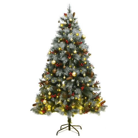 vidaXL Artificial Hinged Christmas Tree with LED Lights and Ball Set - 94.5" Height with PVC Tips and Pine Cones Decoration for Holiday Season