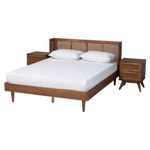Baxton Studio Rina Ash Walnut Wood 3-Piece Full Size Bedroom Set with Rattan