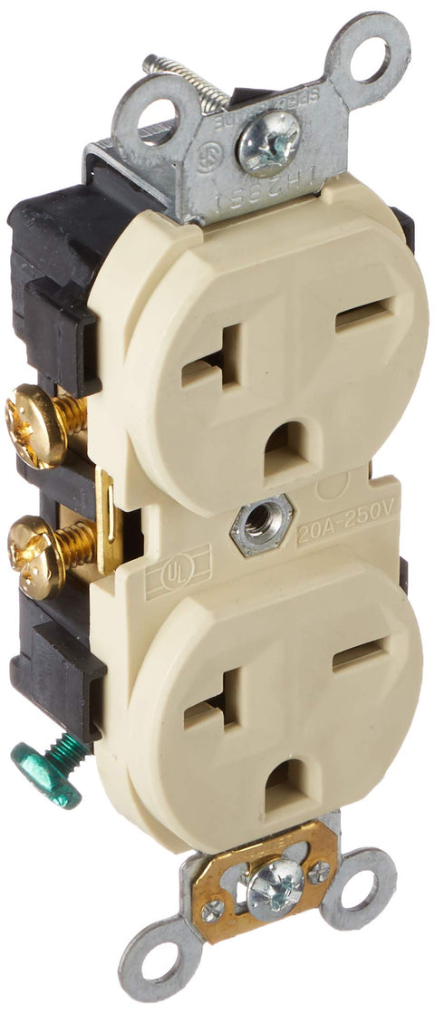 Leviton Straight Blade Single Receptacle, 250 Vac, 20 A, 2 Pole, 3 Wire, 5822-I, Ivory