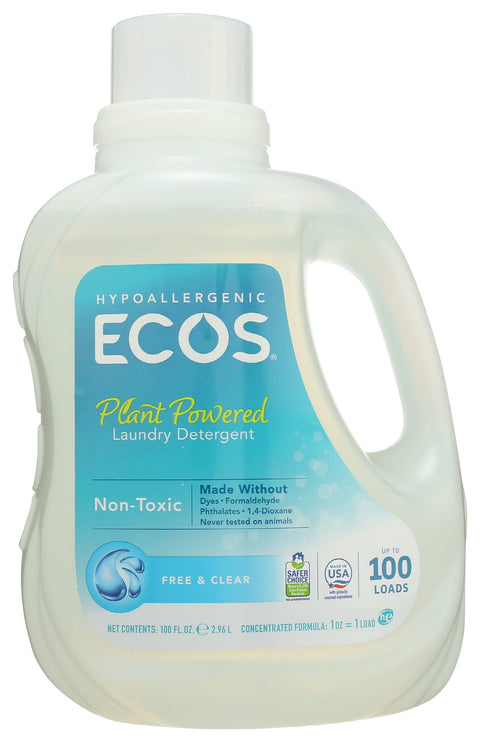 Earth Friendly Products Ecos 2X Liquid Laundry Detergent Free & Clear, 100 Fl Oz (Pack of 4)