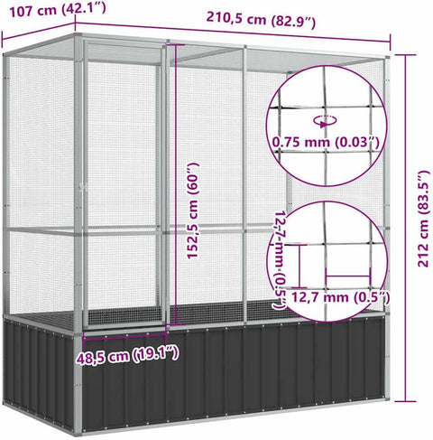 vidaXL Aviary Bird Cage - 82.9"x42.1"x83.5" Galvanized Steel | Spacious Parrot Budgie Habitat with Lockable Door & Mesh Grid for Indoor/Outdoor Use