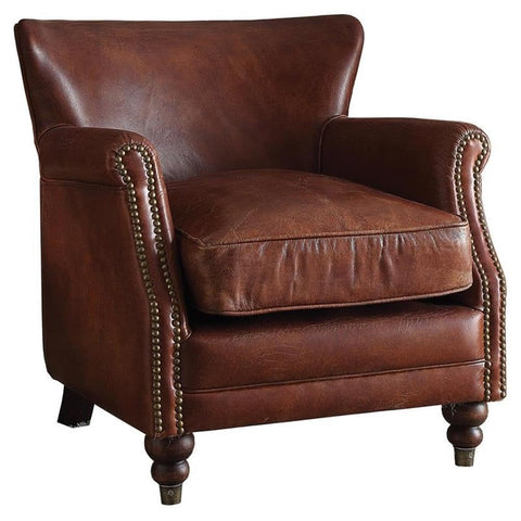 Acme Leeds Top Grain Leather Upholstery Accent Chair in Vintage Dark Brown