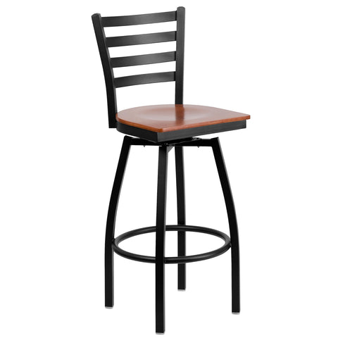 Flash Furniture HERCULES Series Black Ladder Back Swivel Metal Barstool - Cherry Wood Seat