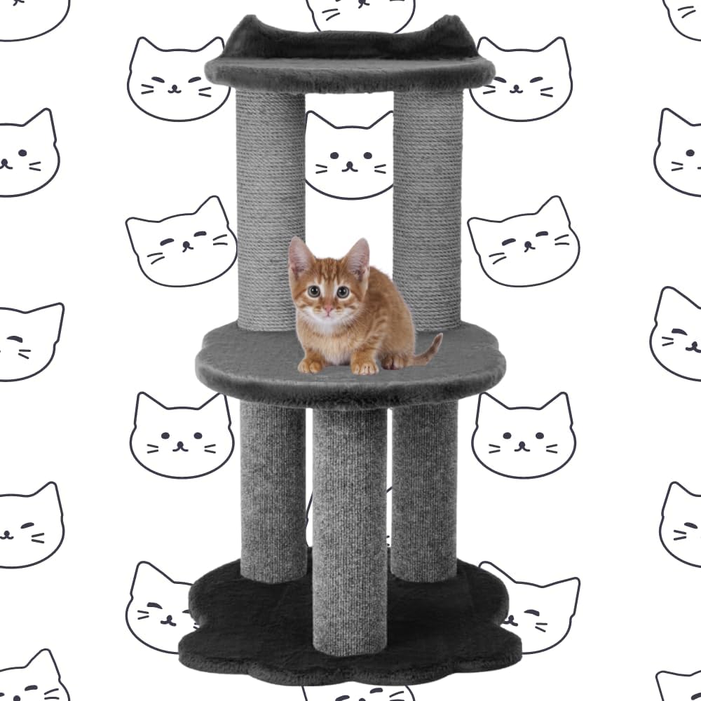 34 Inch Classic Comfort for Indoor Modern Premium Cats and Kittens Scratching Tower Larger Base for Better Stability, (Furs: Grey, Rope: Grey)