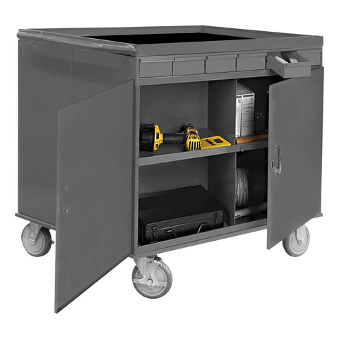 34 Wide 18 Gauge Lockable 2 Sided Cart With 12 Open Bins 12 Drawers All Lips Up Gray