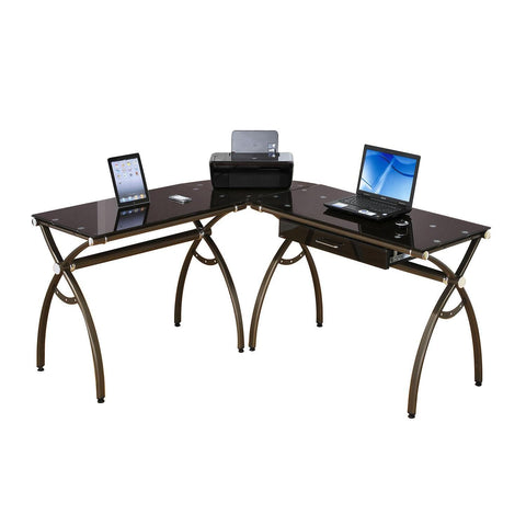 Techni MobiliL-Shaped Brown Tempered Glass Top Corner Desk With Drawer. Color: Chocolate
