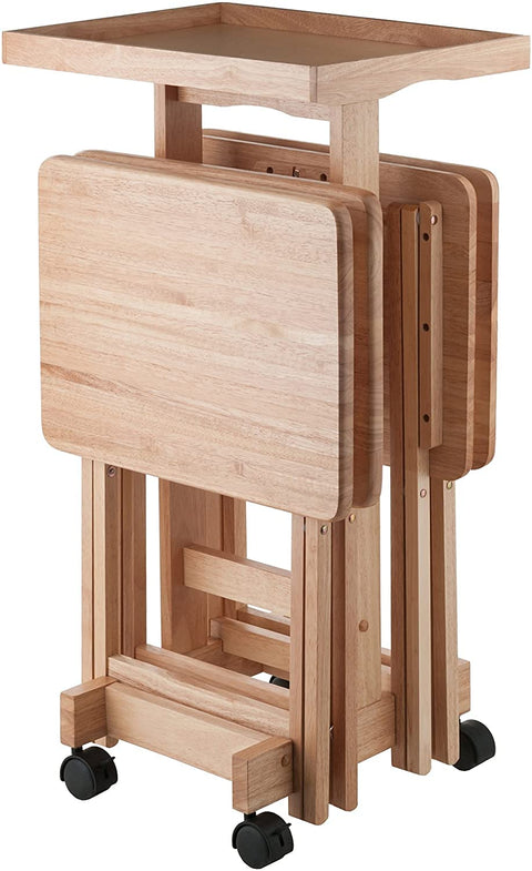 Oakestry Isabelle 6-Piece Snack Table Set Portable Sleek Design for Living Room and Bedroom Foldable and Space Saving Wooden Surface 19.69 D X 36.22 W X 15.91 H, Natural Finish