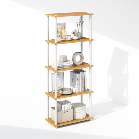 Furinno Turn-N-Tube Book Shelf, 5-Tier Bookshelf, Bookcase with Multipurpose Compact Display Rack, 11.6 x 23.6 x 57.4, for Living Room, Bedroom, Home Office, Beech/White