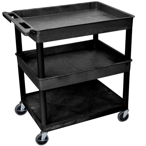 LUXOR TC112-B Large Tub Top/Middle and Flat Bottom Shelf Cart, Caster Wheels with Locking Brake, Assembly Required, 32"W x 24"D x 36.5"H, 133 lbs.