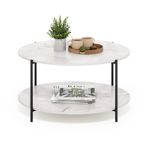 Furinno BESI Coffee Table, 2-Tier Round Modern Coffee Table with Storage, Shelf and Metal Legs, for Living Room, Light Marble