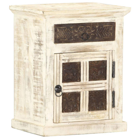 vidaXL Solid Mango Wood Bedside Cabinet with Door and Drawer â€“ Vintage Style White Bedroom Nightstand offering Ample Storage Space with Classic Carved Pattern Design - Assembled