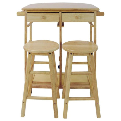 Oakestry Drop Leaf Breakfast Cart Natural Solid Wood Kitchen Island Table with Two Stools Storage Shelves Rolling Wheels Compact Expandable Dining Prep Station Versatile Space Saving Modern Furniture