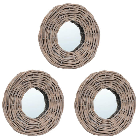 vidaXL Vintage Rattan Frame Mirror Set 3 Pcs 5.9 in Round Wall Mirrors with Wicker for Living Room and Bedroom Decor Bathroom Decorative Indoor