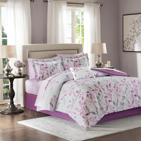Oakestry 9Pc Essentials Cozy Bed in a Bag Comforter Versatile Design All Season Including Shams, Bedskirt, Sheet, Pillowcases Queen(90"X90"), Leaf Purple