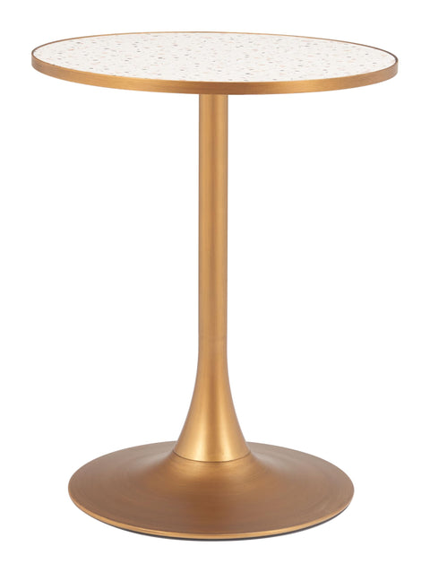 Bite Bistro Table Beige & Gold, Multicolor Dining Table, Modern Style, Faux Terrazzo MDF Round Shape Tabletop, Steel, Indoor Dining, 23.8" W x 23.8" D x 29.9" H