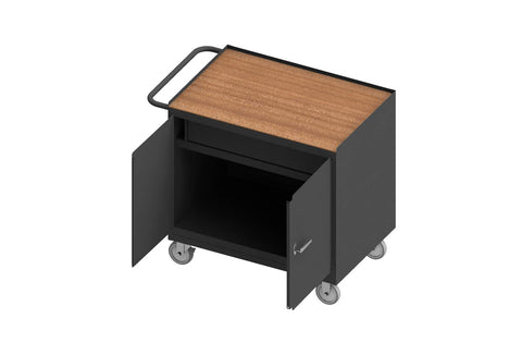 Mobile Bench Cabinet With 5 Inch X 1-1/4 Inch Polyurethane Casters (2) Rigid And (2) Swivel 1 Shelf 1 Drawer And 2 Doors Tempered Hard Board Top Work Surface With Tubular Push Handle Gray