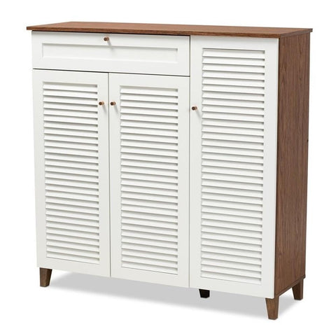Baxton Studio Coolidge Walnut Finished 11-Shelf Wood Shoe Cabinet with Drawer