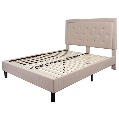 Fast Furnishings Queen Beige Upholstered Platform Bed Frame with Button Tufted Headboard