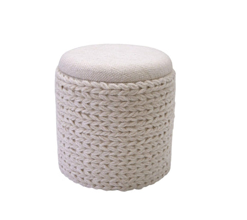 Carolina Chair & Table Handwoven Fabric Storage Ottoman with Round Wooden Base - Solid Wood Frame, Hidden Storage Pouf Stool - Compact Foot Stools for Bedrooms, Entryways, Living Rooms (Ivory Rope)