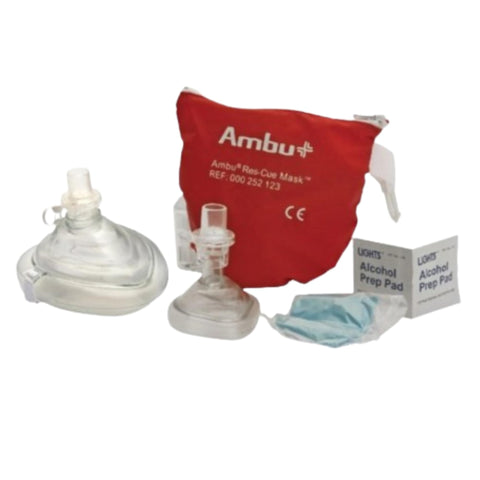 Ambu CPR Mask with O2 Inlet, Headstrap, Gloves, and Wipes in Soft Case Pouch