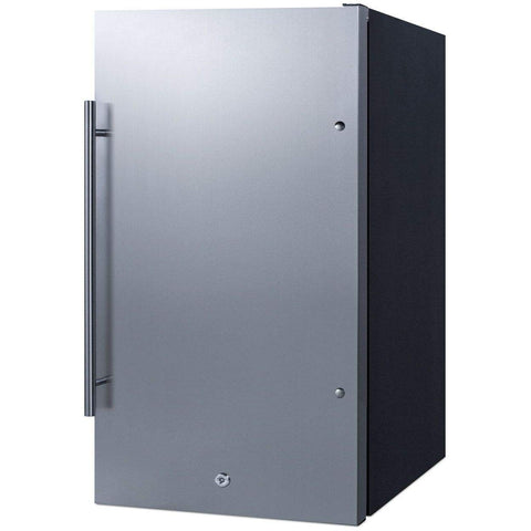 19 inches wide 32 1/2 inches high shallow depth built-in undercounter all-refrigerator with stainless steel door, black cabinet, and front lock