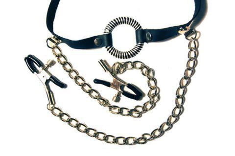 Fetish Fantasy O-Ring Gag with Nipple Clamps, Black (PD3845-23)