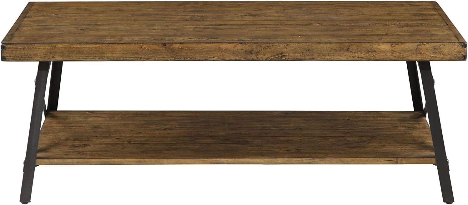 Chandler Rustic Industrial Solid Wood and Steel Coffee Table with Open Shelf, Pine Brown,48"