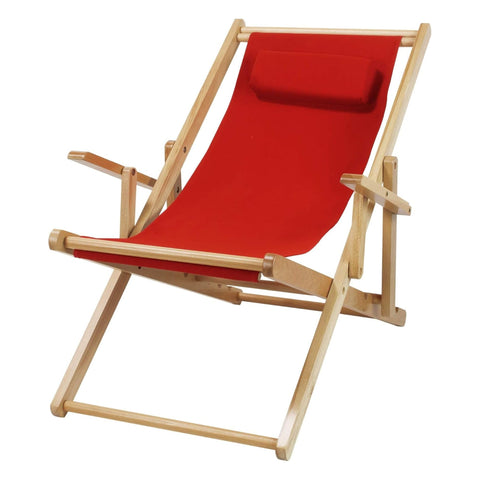 Oakestry Adjustable Sling Chair Natural Wood Frame Red Canvas Seat Portable Folding Outdoor Indoor Lounge Durable Comfortable Lightweight Patio Beach Pool Relaxation Furniture Easy Storage