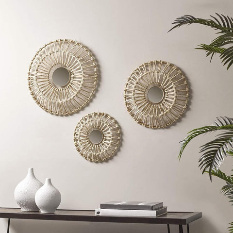 Oakestry Heritage Round Wall Art Madison Park Ella Corn Husk Wrapped Metal Wall Decor Ready to Hang Panel for Bedroom, Multi-sizes, Ella Neutral, 3 Piece