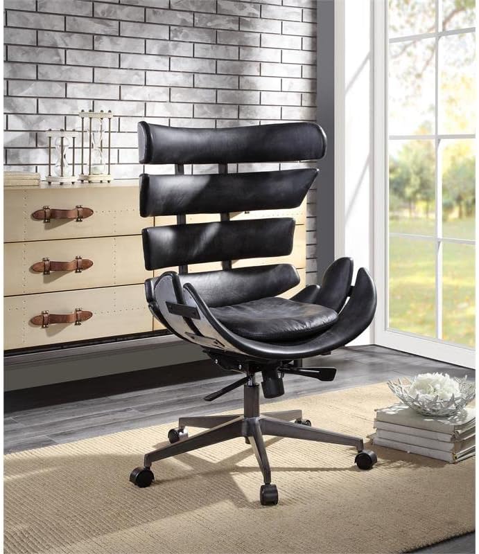 ACME Megan Executive Office Chair - - Vintage Black Top Grain Leather &amp; Aluminum