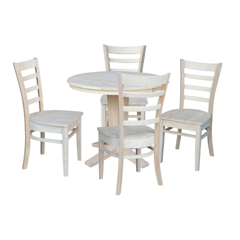 IC INTERNATIONAL CONCEPTS 36" Solid Wood Round Extension Dining Table with 12" Leaf and 4 Dining Chairs