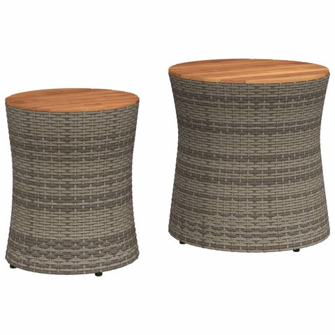 vidaXL Patio Side Tables - Wooden Top Outdoor Garden, 2 Round Gray Poly Rattan Furniture Pieces, Nested, Weather-Resistant - Large 19.7"x19.7", Small 15"x18.1", Nesting Feature