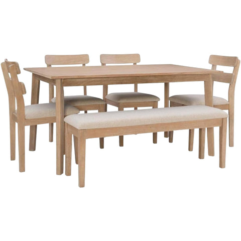 Oakestry Drury 6-Piece Dining Set with Natural Wood Table, Ladder Back Chairs & Upholstered Bench, Midcentury Farmhouse Style, Solid Wood Construction
