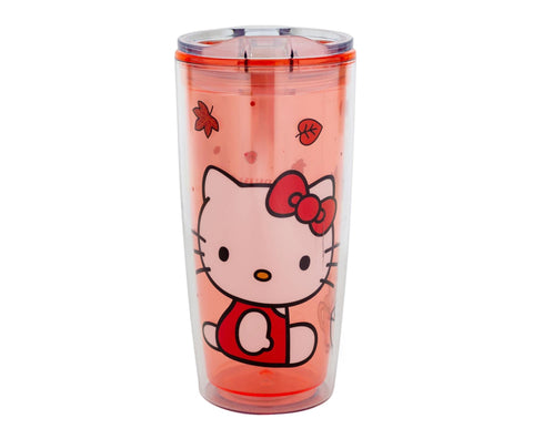 Hello Kitty Sanrio Pumpkin Spice Double-Walled Travel Tumbler with Slide Close Lid | Plastic Carnival Cup, Tall Cold Cup, Home & Kitchen Essentials | Kawaii Anime Gifts | Holds 20 Ounces