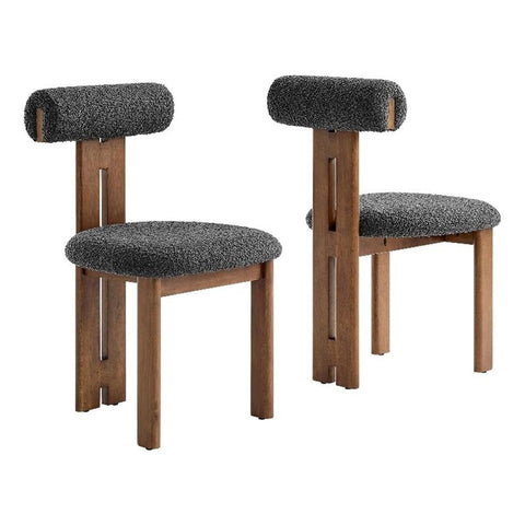 Modway Torian Upholstered Boucle Dining Chairs Set of 2 in Walnut Charcoal - 3-Legged Farmhouse Kitchen Chairs - Mid-Century Modern Armless Accent Chairs - Comfortable Side Chairs with Wood Legs