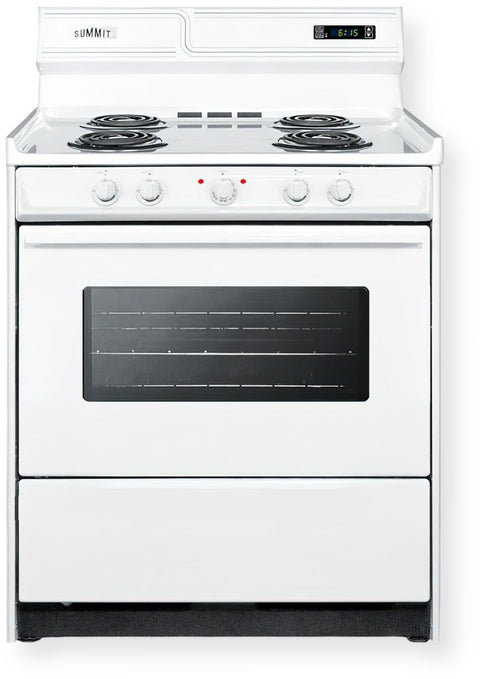 Summit Appliance WEM230KW 30" Wide Electric Coil Top Range, White; Upfront Controls; 4 Coil Elements; Push-to-turn Knobs; Indicator Lights; 3.7 cu.ft Oven; Digital Clock and Timer; Cord Not Included