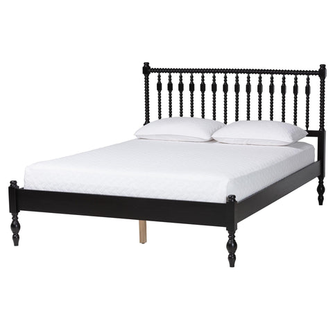 Baxton Studio Callison Spindle Platform Bed - Turned Farmhouse Bed Frame with Spoked Headboard and Sculpted Legs, Black, Full