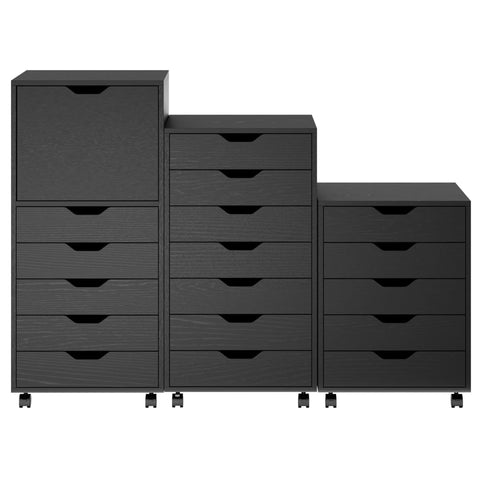 Oakestry Halifax 3-Pc Multi-Drawer Storage Cabinet Set with Wheels, Black – 17 Total Drawers & Top Cabinet for Office, Craft, and Home Organization