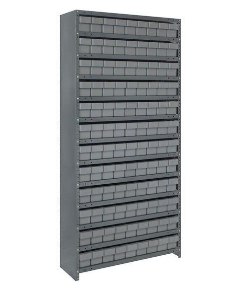 Quantum Storage Systems CL1275-501GY Closed Shelving System with Super Tuff Euro Drawers, 108 QED501 Shelf Bins, 12" D x 36" W x 75" H, Gray