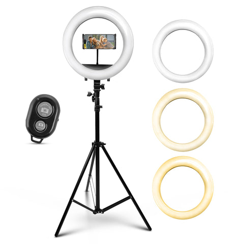 iDance LED Ring Light with Cell Phone Holder, 14", USB Powered with BT Wireless Remote Control and Foldable Adjustable Tripod Stand, Selfie, Makeup Ring Light with Universal iPad Mini Holder